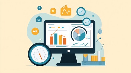 Computer showing statistical charts and business data with clock showing time limit for project