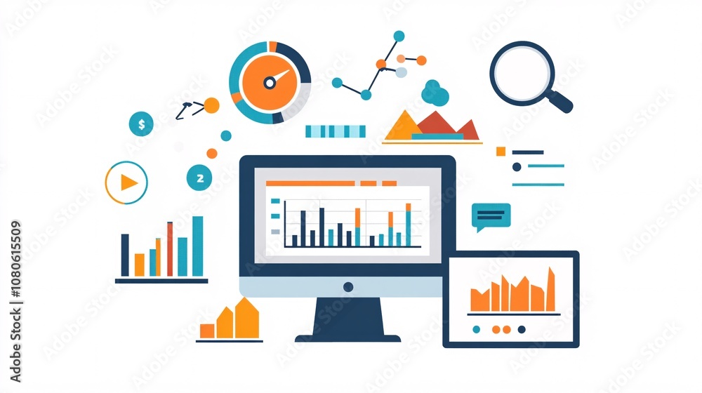Leinwandbilder Computer showing statistical charts, data analysis and market research with icons