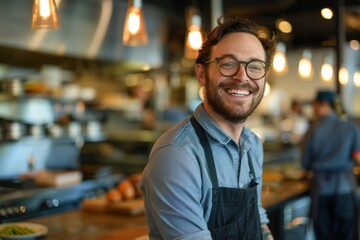 Fototapeta premium Portrait of a smiling American chef in restaurant kitchen