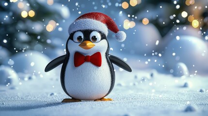 Festive Penguin Wearing Santa Hat in Snowy Winter Wonderland