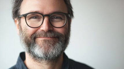 Obraz premium Authentic portrait of a smiling man with glasses and beard showcasing confidence and approachability in a modern, minimalistic setting with natural lighting.