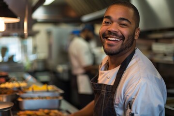 Fototapeta premium Portrait of a smiling American chef in restaurant kitchen