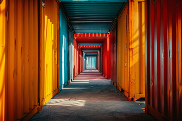 Fototapeta premium A long and narrow hallway with walls from old shipping containers. The hallway was empty and dimly lit