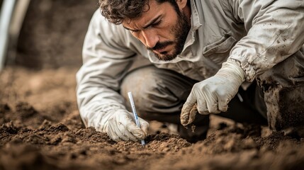 Scientist testing soil samples for toxic chemicals field study environmental research outdoor lab environmental protection focus