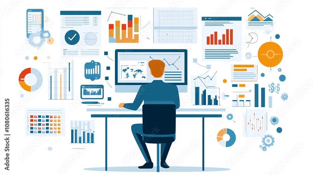 Fototapete businessman analyzing data on computer surrounded by charts and graphs