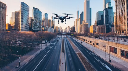 Fototapeta premium Aerial view of city skyline with drone casting shadow over buildings, empty streets symbolizing state of alert.