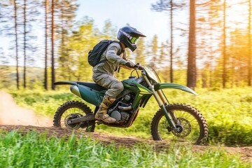 Fototapeta premium A motocross rider navigating a dirt trail in a forested area during sunset.
