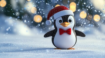 Festive Penguin Wearing Santa Hat in Snowy Winter Wonderland