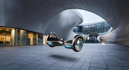 A high-tech hoverboard equipped with AR navigation and safety features, floating above a futuristic city plaza designed for smart commuting.