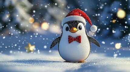 Festive Penguin Wearing Santa Hat in Snowy Winter Wonderland