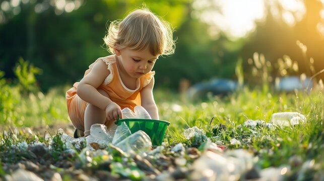 Little cute girl picking up trash plastic bottles in the park. Child for cleaning the nature