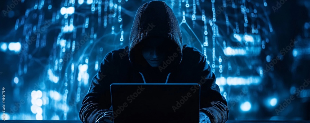 Aufkleber Hacker breaking system security with laptop and binary code in background