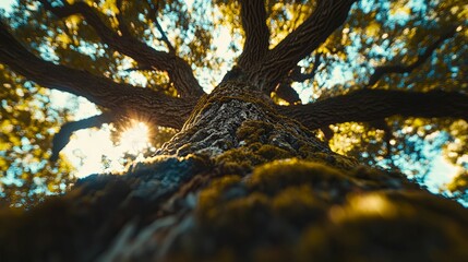 A Low-Angle Perspective of a Moss-Covered Tree Trunk with Sun Shining Through the Branches