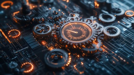 Close-up of a clock face integrated into a circuit board with intricate gears and glowing lights, emphasizing speed and efficiency.