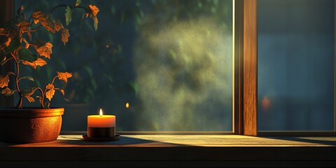 A candle is lit in a small vase on a windowsill. The candle is surrounded by a plant, which is also lit. The scene is peaceful and calming