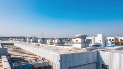 Industrial building with air conditioning (HVAC) units installed on the roof, providing cooling and ventilation, system, commercial