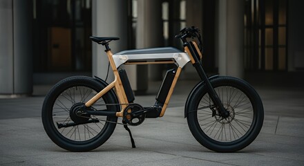 Fototapeta premium An innovative electric bike with a sleek design, smart technology features, and eco-friendly materials, set against a modern urban backdrop.