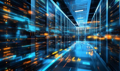 Advanced data center showcasing server cabinets and high tech equipment for cloud computing services