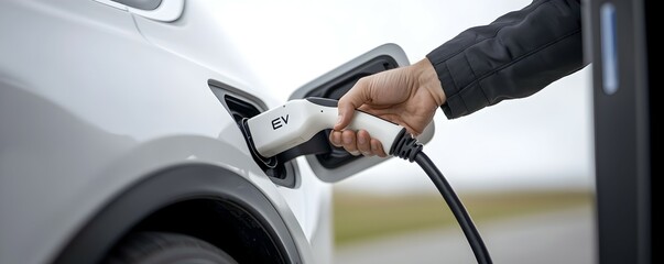 Driver Hand Plugging in EV Charger at Roadside Station - Close-Up of Electric Vehicle Charging Connection in Natural Light Highlighting Modern Design and Realistic Colors