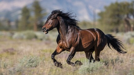 Naklejka premium Wild Horse Galloping Across Open Field, Capturing Freedom and Power