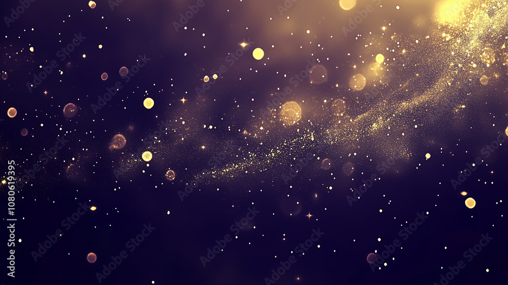 Wall mural abstract, dark and mysterious background with shimmering golden bokeh lights and floating particles.