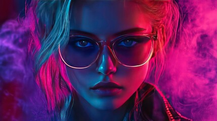 Obraz premium portrait of a stylish young girl in close-up, a girl with blonde hair wearing glasses, fashionable clothes, a jacket in smoke under neon lighting