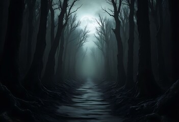 Obraz premium Dark abstract winter forest background. Wooden floor, snow, fog. Dark night background in the forest with moonlight. Night view, magic