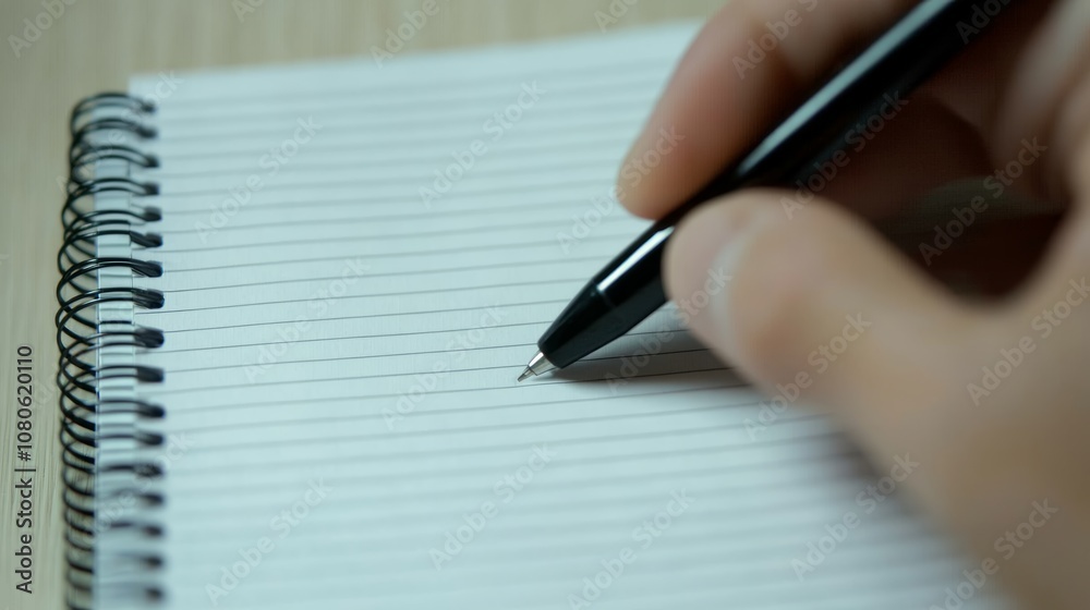 Poster close up of a hand holding a black pen writing on a spiral bound notebook placed on a wooden desk, c