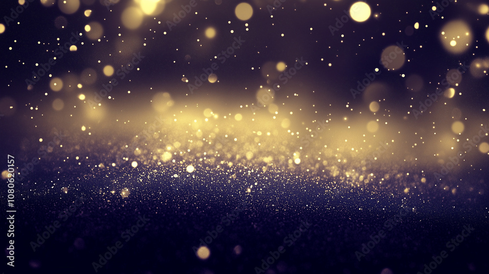 Wall mural abstract, dark and mysterious background with shimmering golden bokeh lights and floating particles.