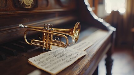 Obraz premium Golden Trumpet Resting on Piano Keys with Sheet Music