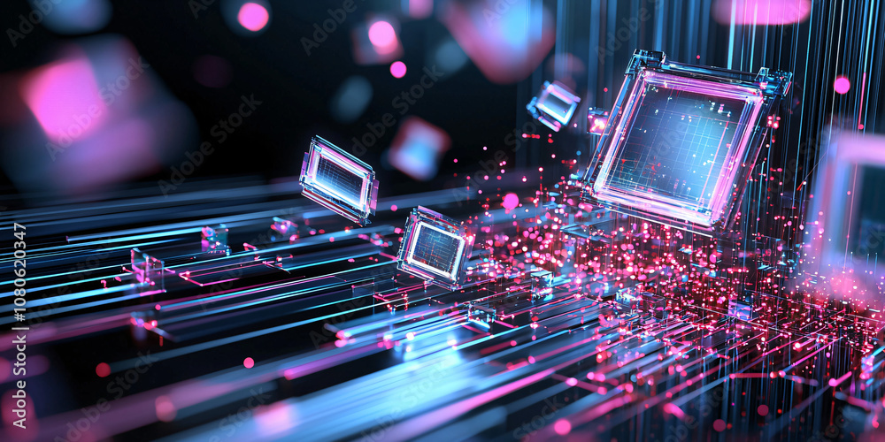 Fototapete a vibrant, abstract digital design featuring floating geometric shapes, colorful particles, and a se