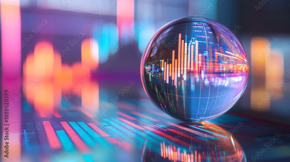 Poster Crystal ball showing growing bar graph reflecting on financial charts in futuristic background