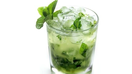 A Refreshing Mojito Cocktail Drink Standing Alone on a Crisp White Background. A Tantalizing and Invigorating Beverage in a Simple Setting.
