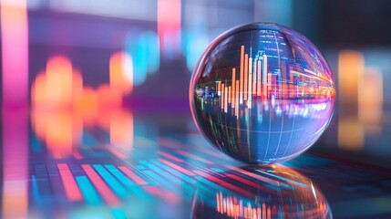 Crystal ball showing growing bar graph reflecting on financial charts in futuristic background
