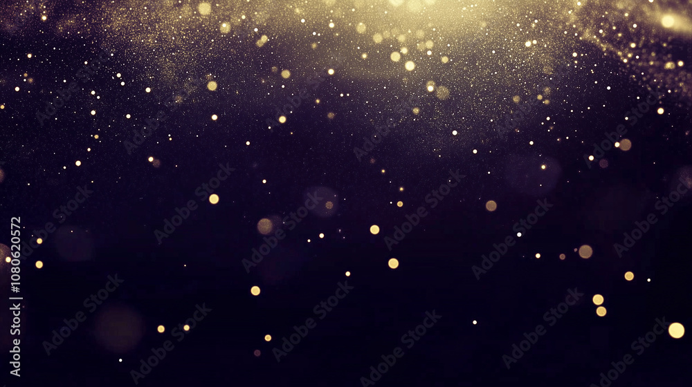 Wall mural abstract, dark and mysterious background with shimmering golden bokeh lights and floating particles.