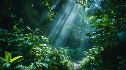 Obraz premium A serene forest scene with sunlight filtering through dense foliage, creating a tranquil atmosphere.