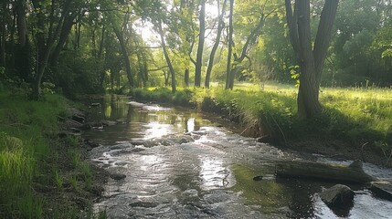 Fototapeta premium Tranquil stream flowing through a lush forest with sunlight dappling through the trees, creating a picturesque scene.