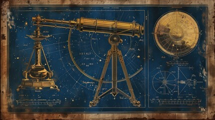 Fototapeta premium A vintage illustration of a telescope and celestial map on a blue background.