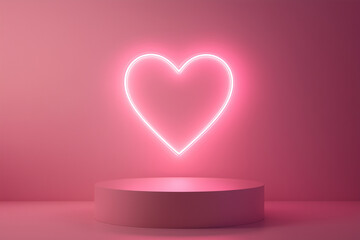 Pink Neon valentine Heart Stage Modern Advertisement for lovely valentine product Modern Light heart Stand for product presentation Modern round valentines day podium in Rose valentine's day Space.