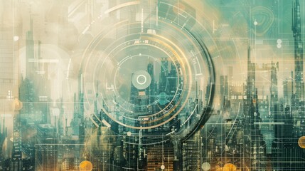 Obraz premium Conceptual texture background featuring futuristic cityscapes and technological motifs, symbolizing progress and innovation