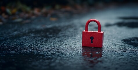 Fototapeta premium A red padlock on the background of wet asphalt, close-up.The concept of security and self-protection. High-resolution photography, detailed, natural lighting