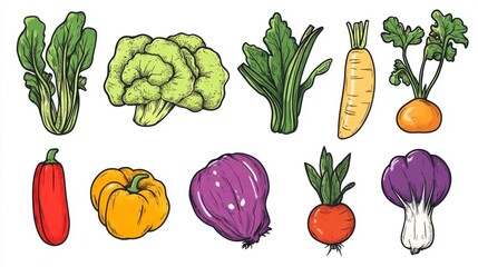 A vibrant illustration of various vegetables, showcasing fresh produce like carrots, broccoli, and peppers, ideal for healthy eating themes.