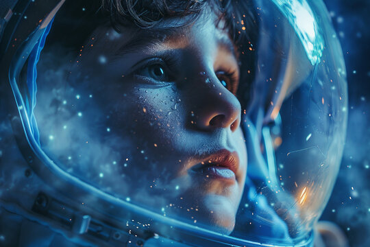 Close-up of baby boy girl kid child astronaut in space, modern spacesuit reflecting Earth and technology, Generative AI