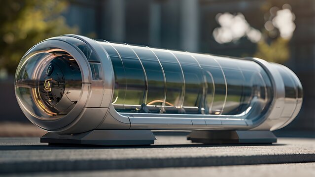 A sleek Hyperloop capsule racing through a transparent vacuum tube, highlighting the future of ultra-fast transportation.