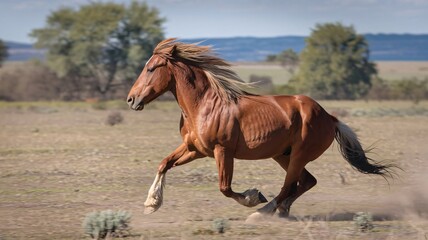 Fototapeta premium Wild Horse Galloping Across Open Field, Capturing Freedom and Power