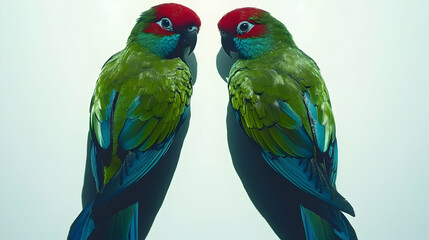 Obraz premium Two green and blue parrots with red heads on a white background.