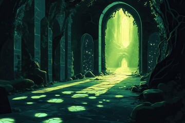 A Mystical Green Pathway Leading to a Bright Entrance