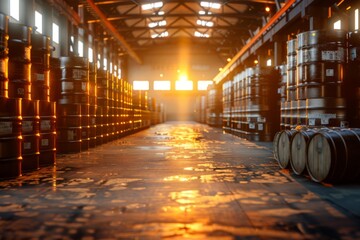 Oil barrels stored in a warehouse