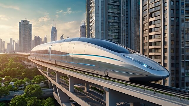 A high-speed maglev train gliding over an elevated track through a futuristic cityscape with eco-friendly buildings, representing rapid, eco-conscious urban transport.