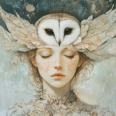 Dreamy Portrait of a Woman with an Owl on Her Head
